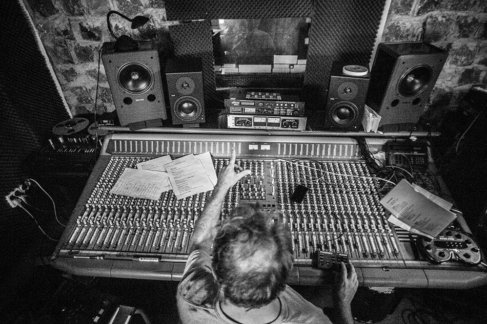 Overhead view of Patrick Delabie working at the Studio 195 console